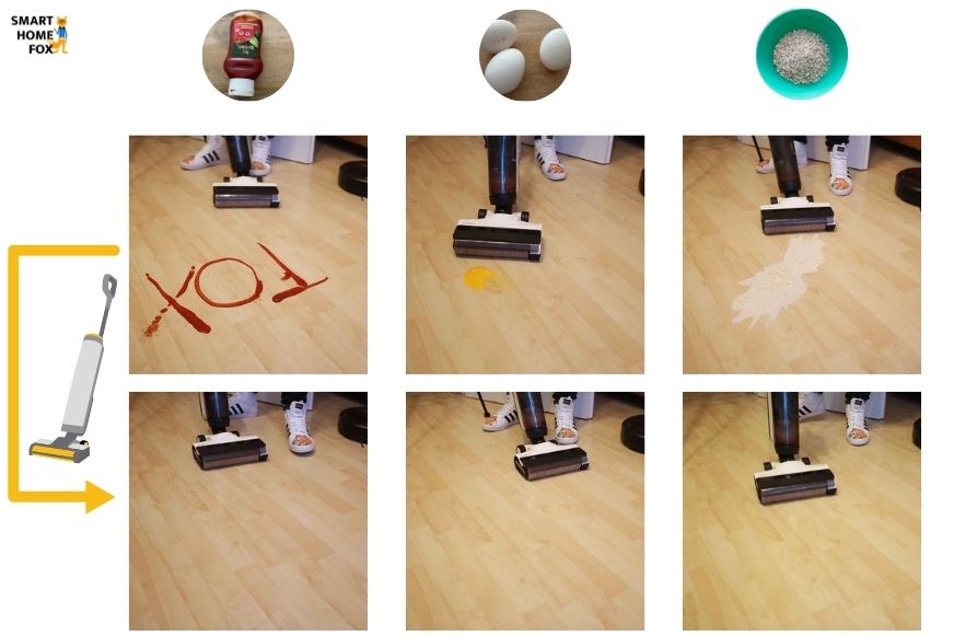 Vous pouvez voir comment le Tineco Floor One S5 Combo élimine la saleté humide d'un sol en bois.