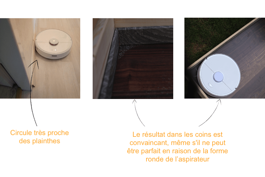 Test d'aspiration dans les coins Roborock S5 Max